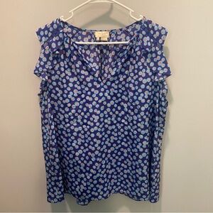 Kate Spade Navy Floral Blouse with Ruffle Detail Large Silk